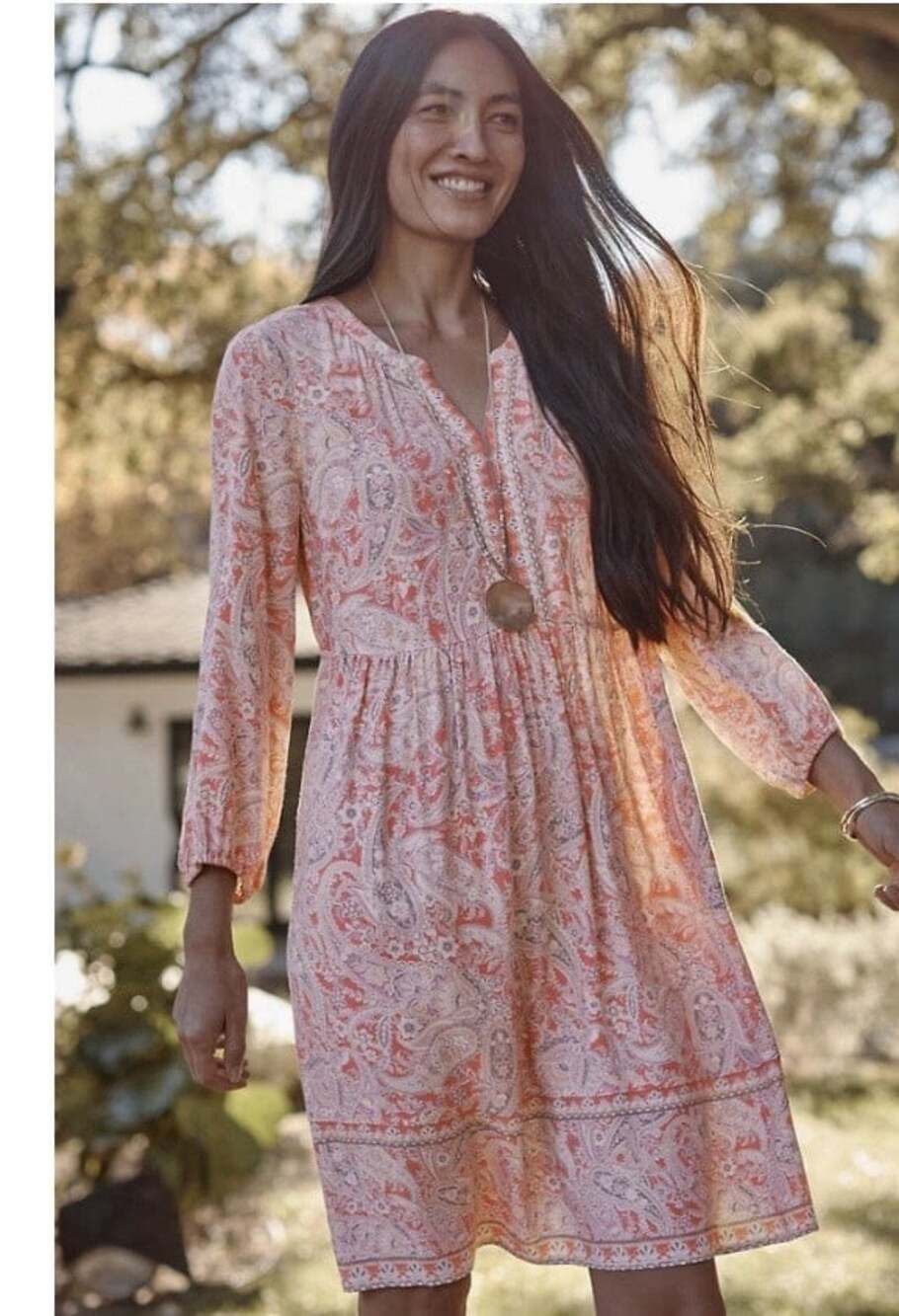 J Jill Cottage Peasant Dress Sz XL Babydoll Coral Pink Paisley Balloon Sleeve